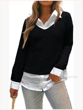 Women's Plaid Collared Blouse Tunic 2-in-1 Pullover Long Sleeve